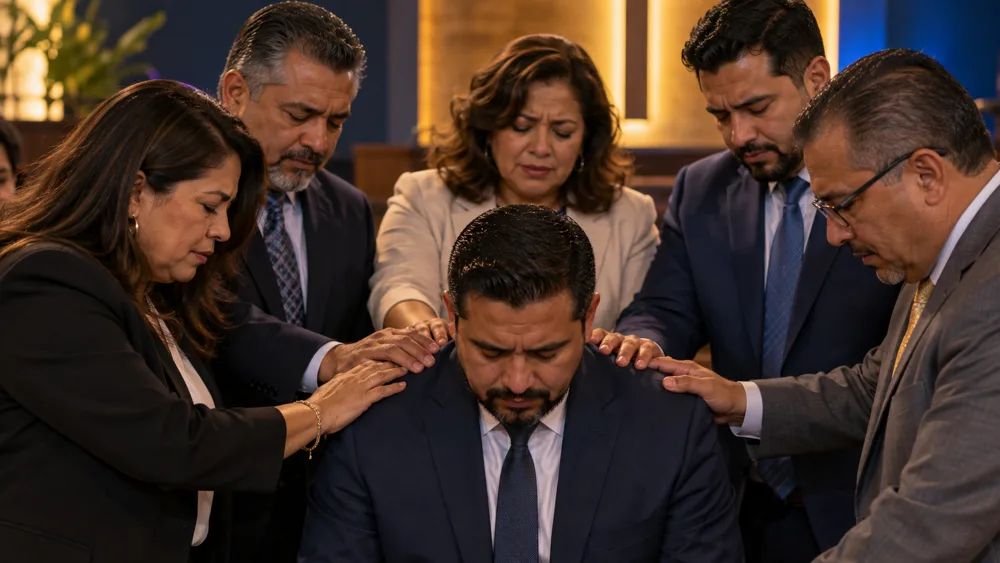 Líderes orando durante una ordenación pastoral